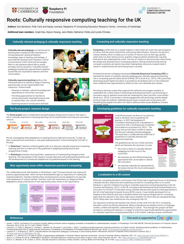 Poster presented at BERA conference 2022 showing our work on culturally responsive computing teaching