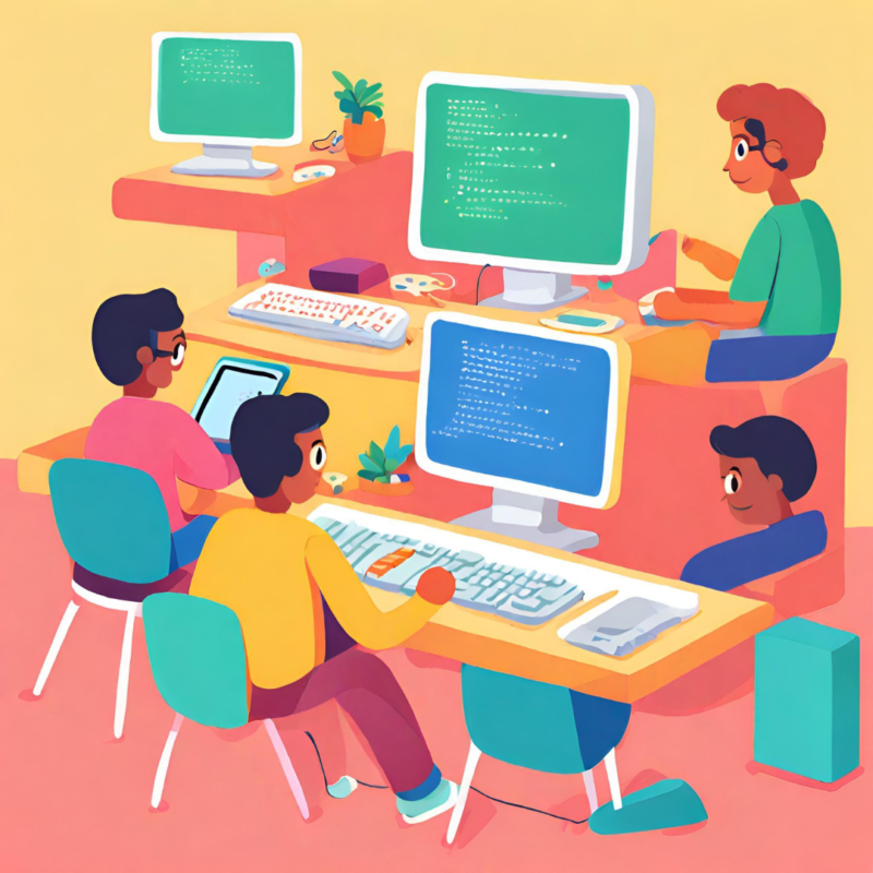 Children sitting at computers - a cartoon
